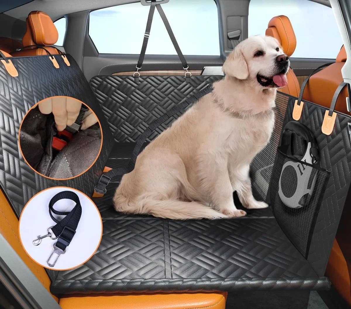 Dieselbe Rückbank mit Autoschondecke PRO — Hund liegt sauber darauf, Produkt sichtbar