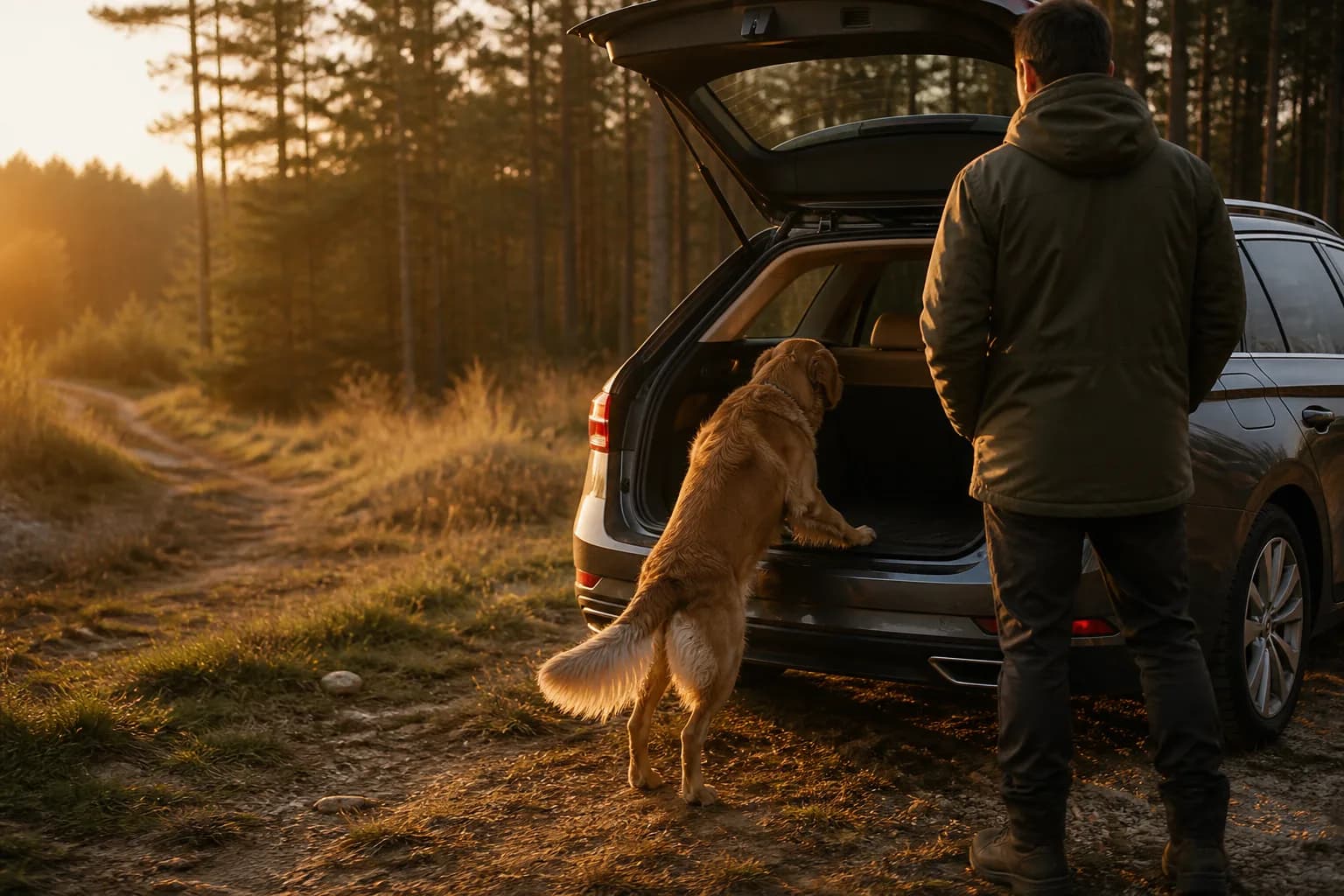 Hund und Halterin am Auto nach einem Outdoor-Abenteuer im Abendlicht